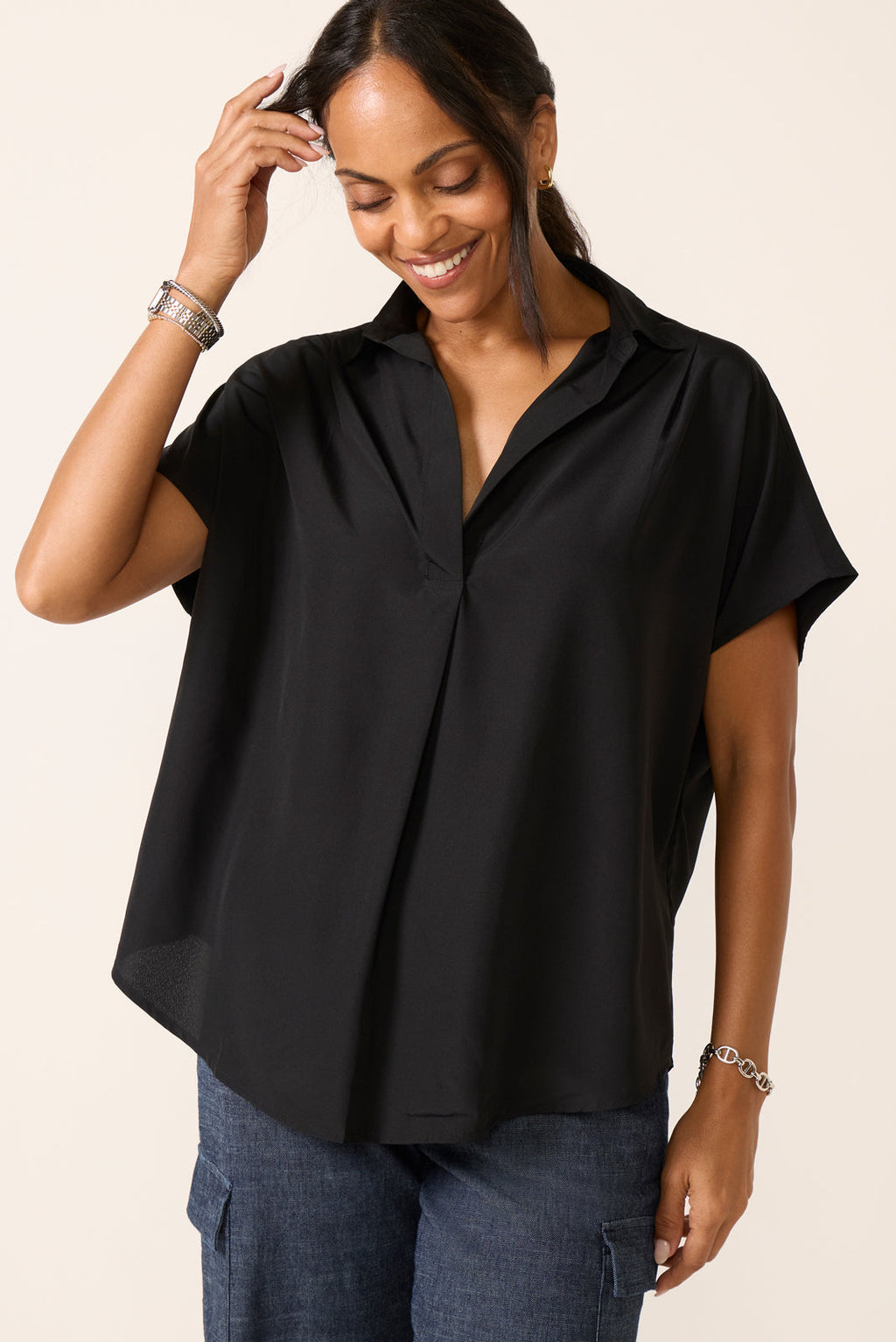 Women's Crepe Short Sleeve Popover Top