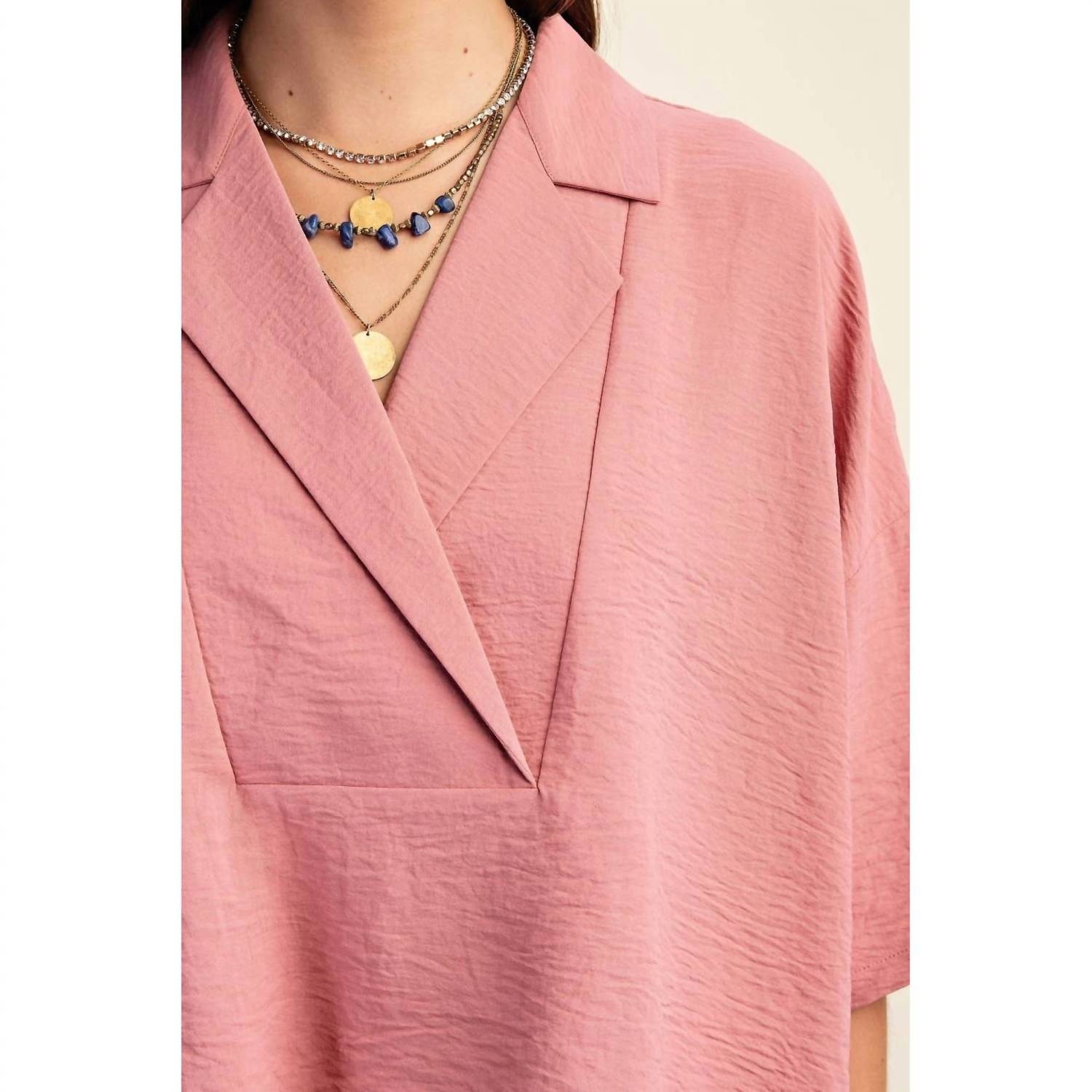 V-Neck Collared Pop Over Top In Dusty Pink