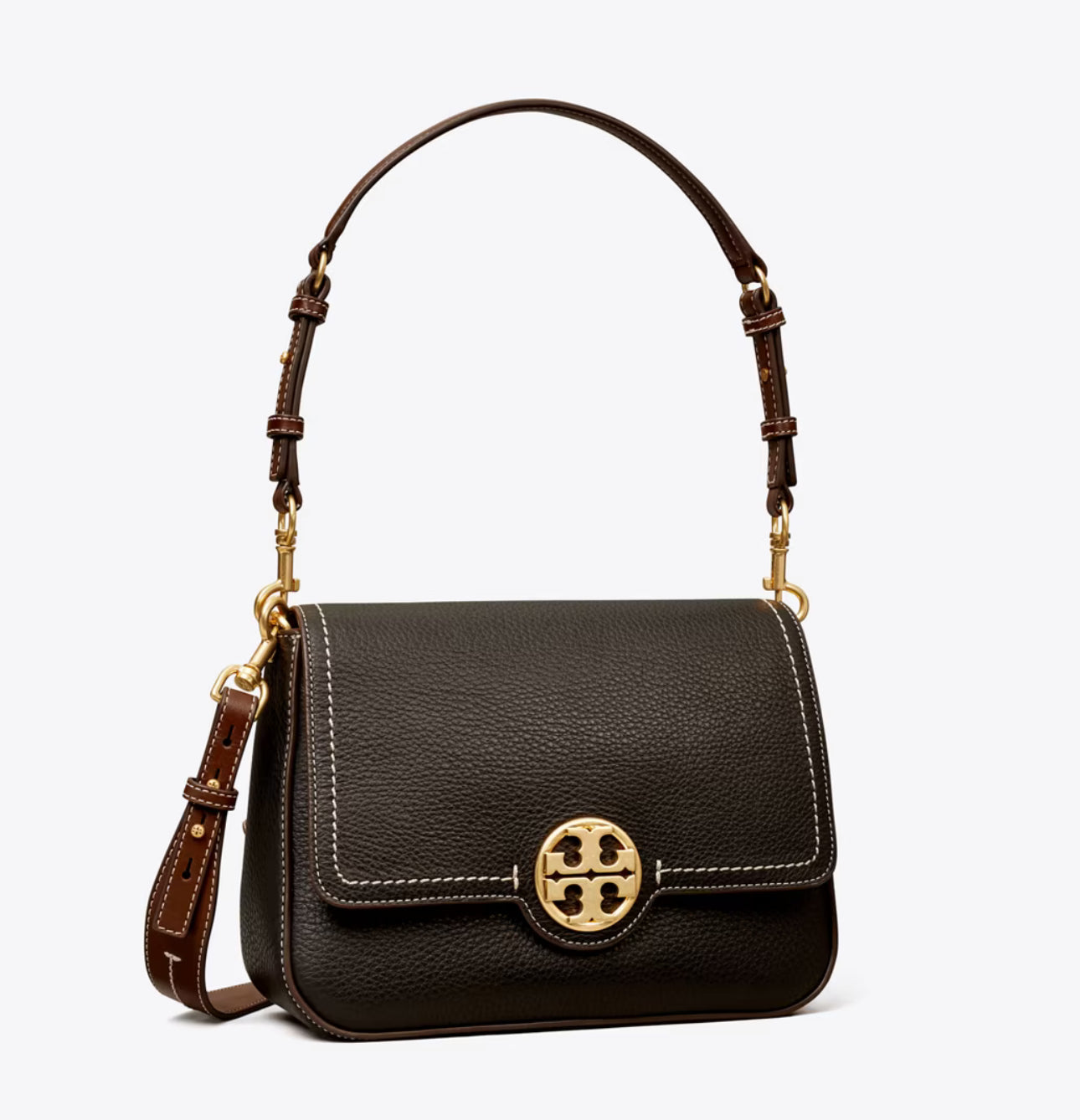 NWT Tory Burch Leather Flap Medium Shoulder Bag In Gold/Black