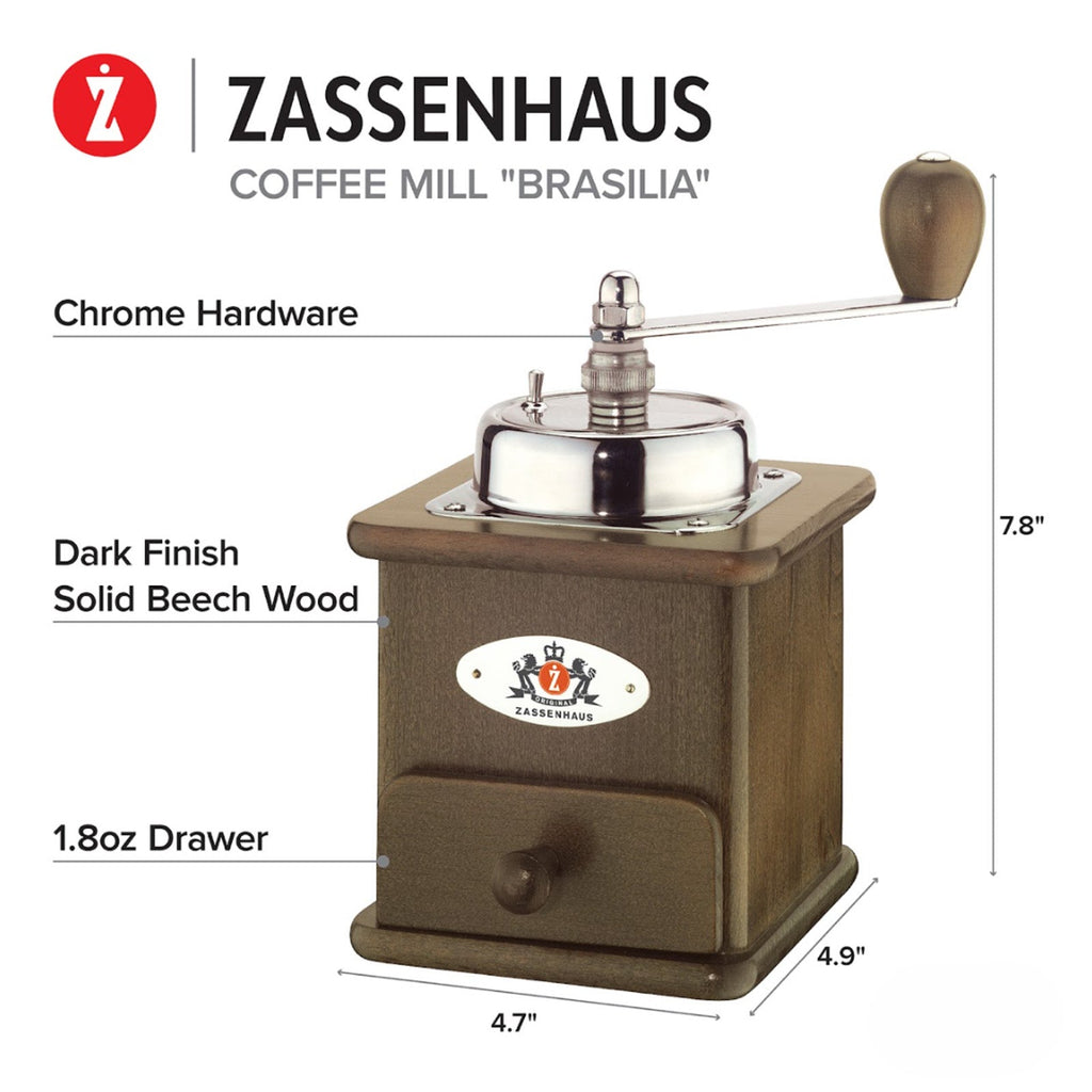 Zassenhaus Brasilla Manual Hand Crank Coffee Mill and Grinder, Dark Beechwood