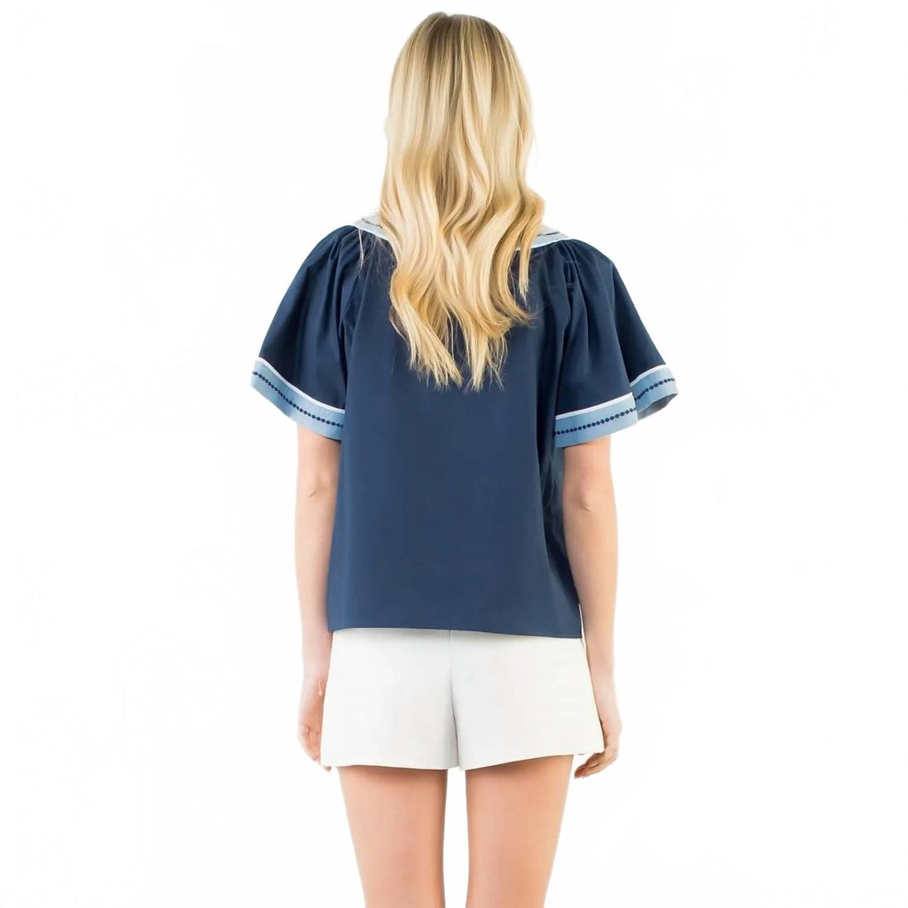 Wide Sleeve Contrast Trim V Neck Top In Blue