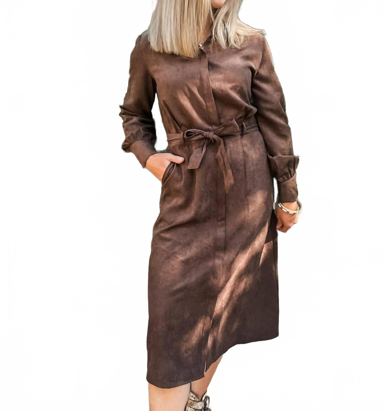 Long Sleeve Shirt Dress In Cocoa