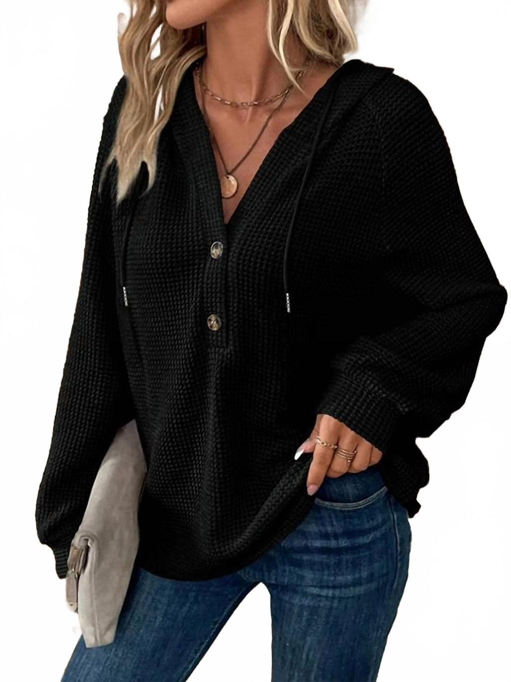 Waffle Button-Up Hoodie Pullover In Black