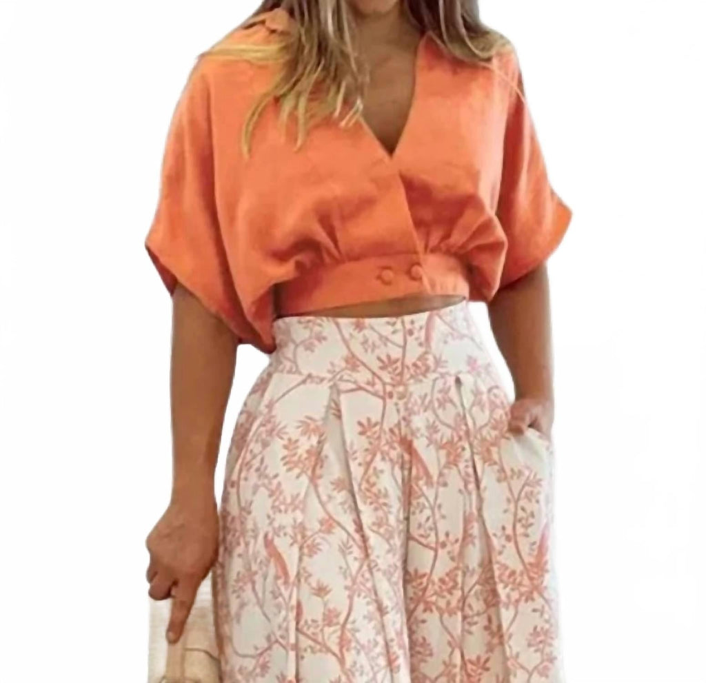 V-Neck Short Shirt And Wide Leg Pants Set In Light Orange