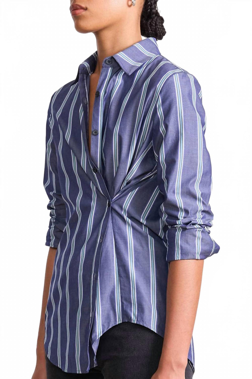 Sodi Wrap Button Up Top In Indigo Stripe