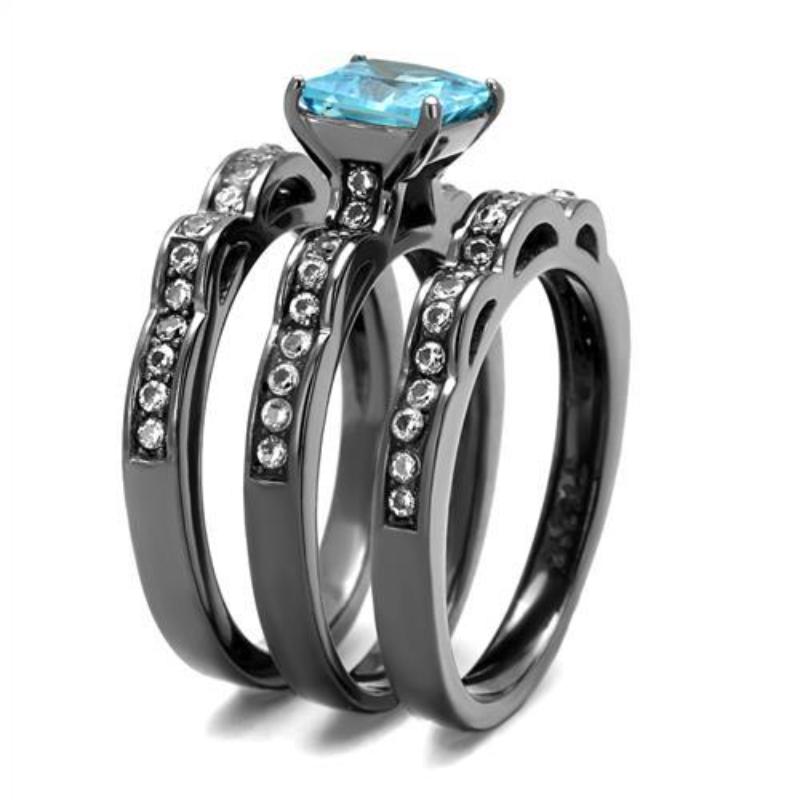 IP Light Black Stainless Steel Ring with AAA Grade CZ in Sea Blue