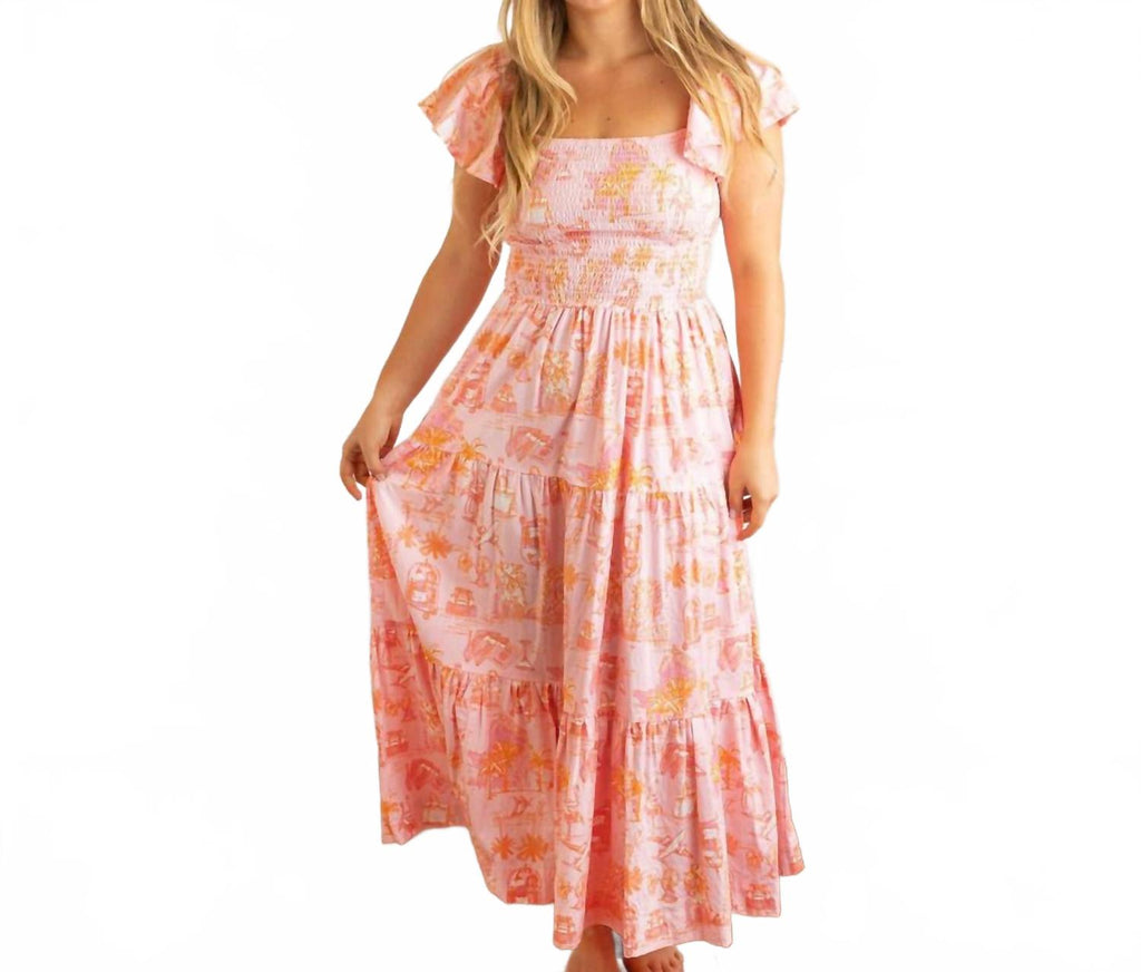 Smocked Flutter Sleeve Maxi Dress In Sunset Toile