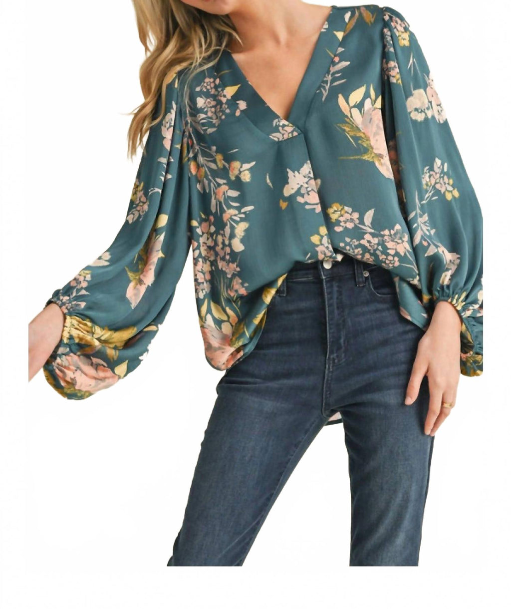 Satin Floral Print Blouse With Bubble Sleeves In Teal