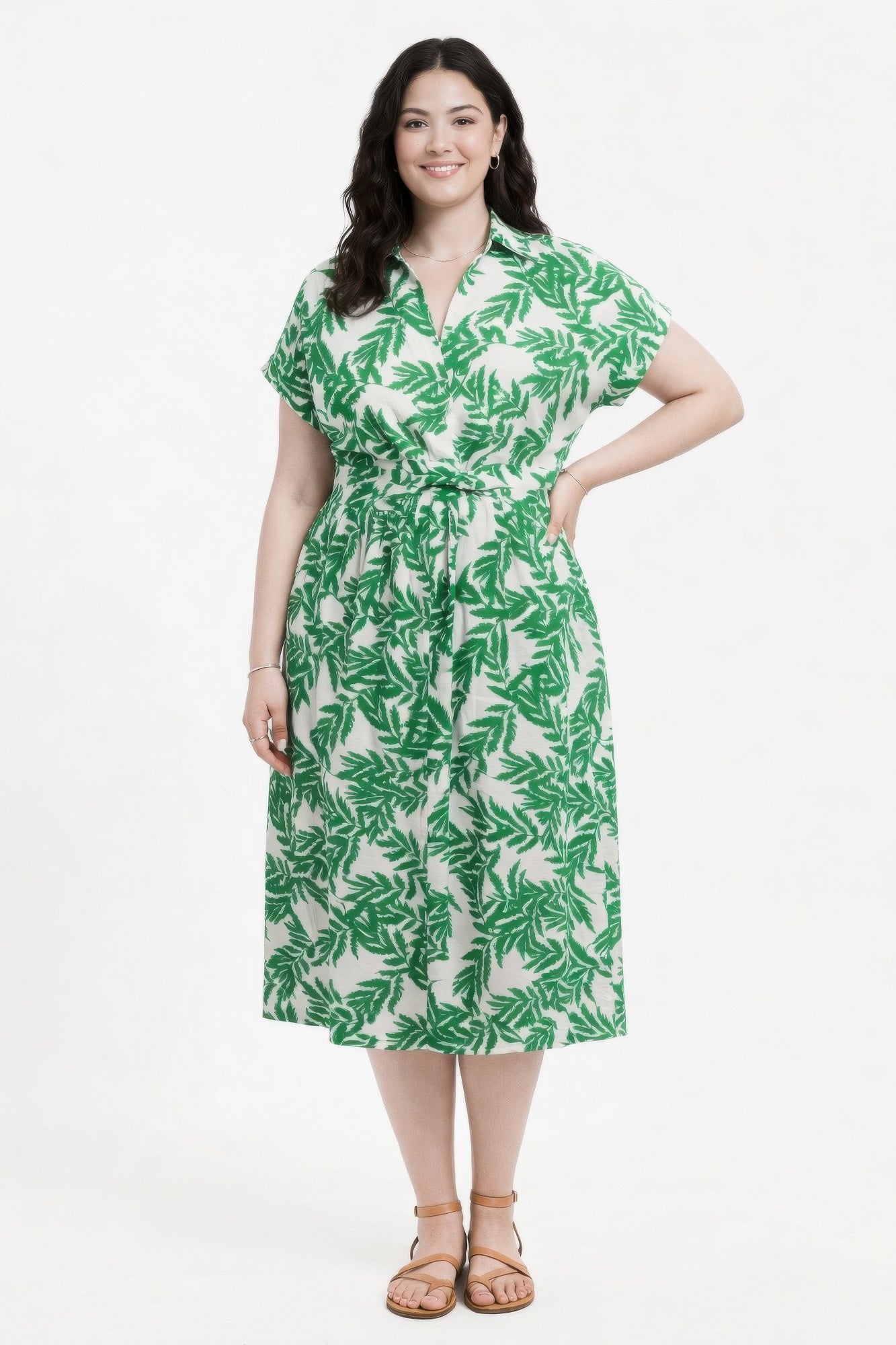 Botanical Print Collared Wrap Waist Midi Dress