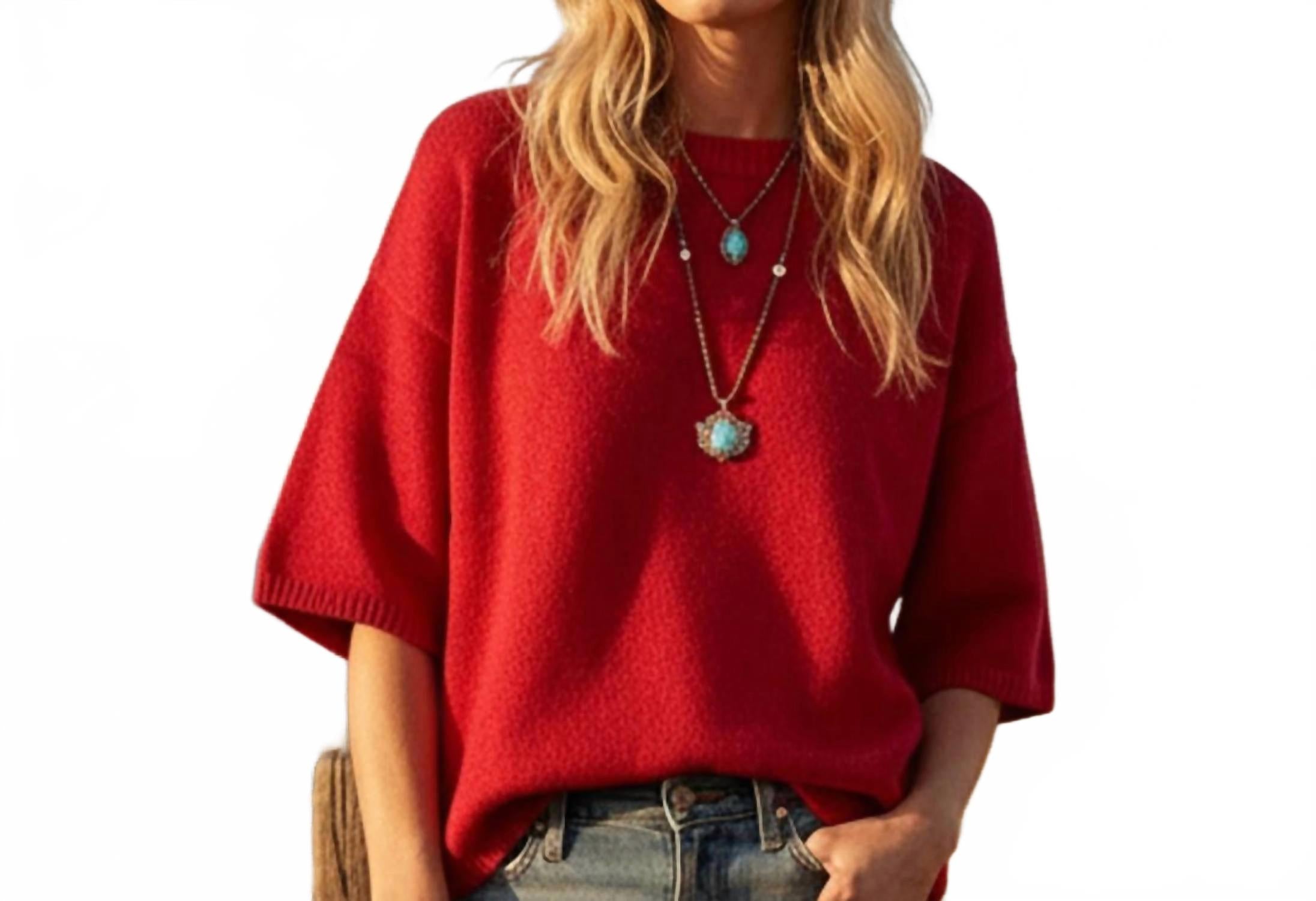 Short Sleeve Relaxed Sweater In Red
