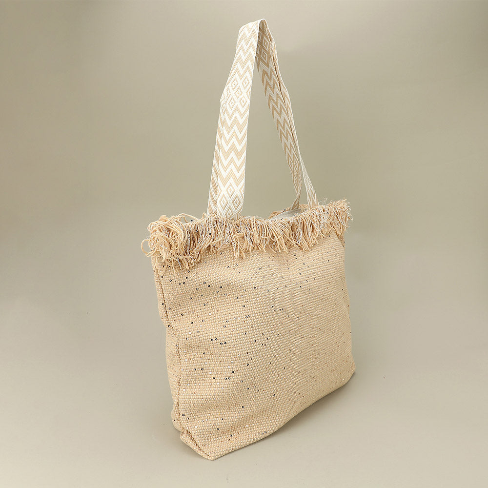 Sequin Embellished Large Woven Frayed Shoulder Tote Bag