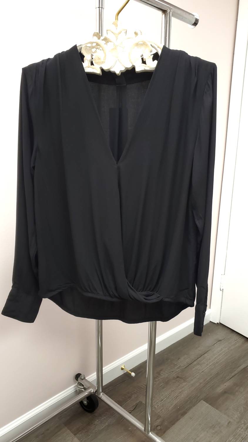 Pleated Surplice Cross Over Blouse In Black
