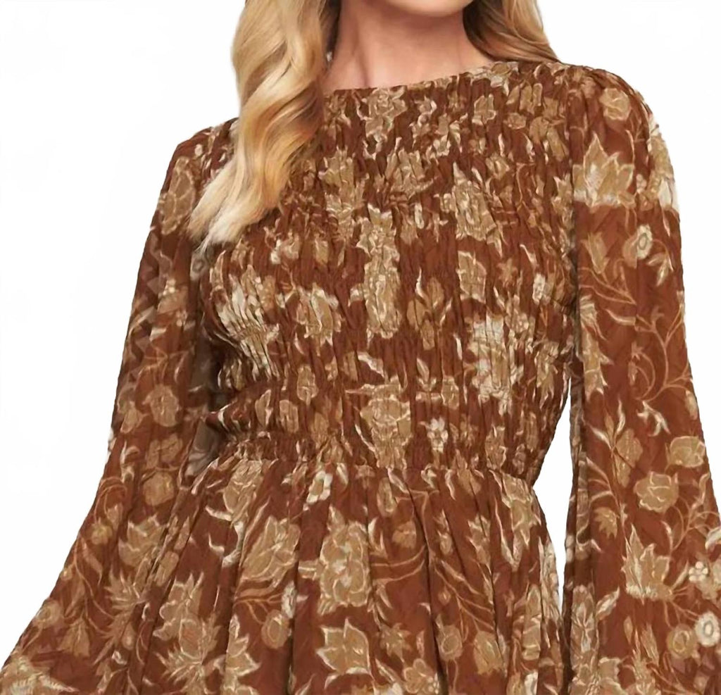 Golden Meadow Smocked Mini Dress In Brown