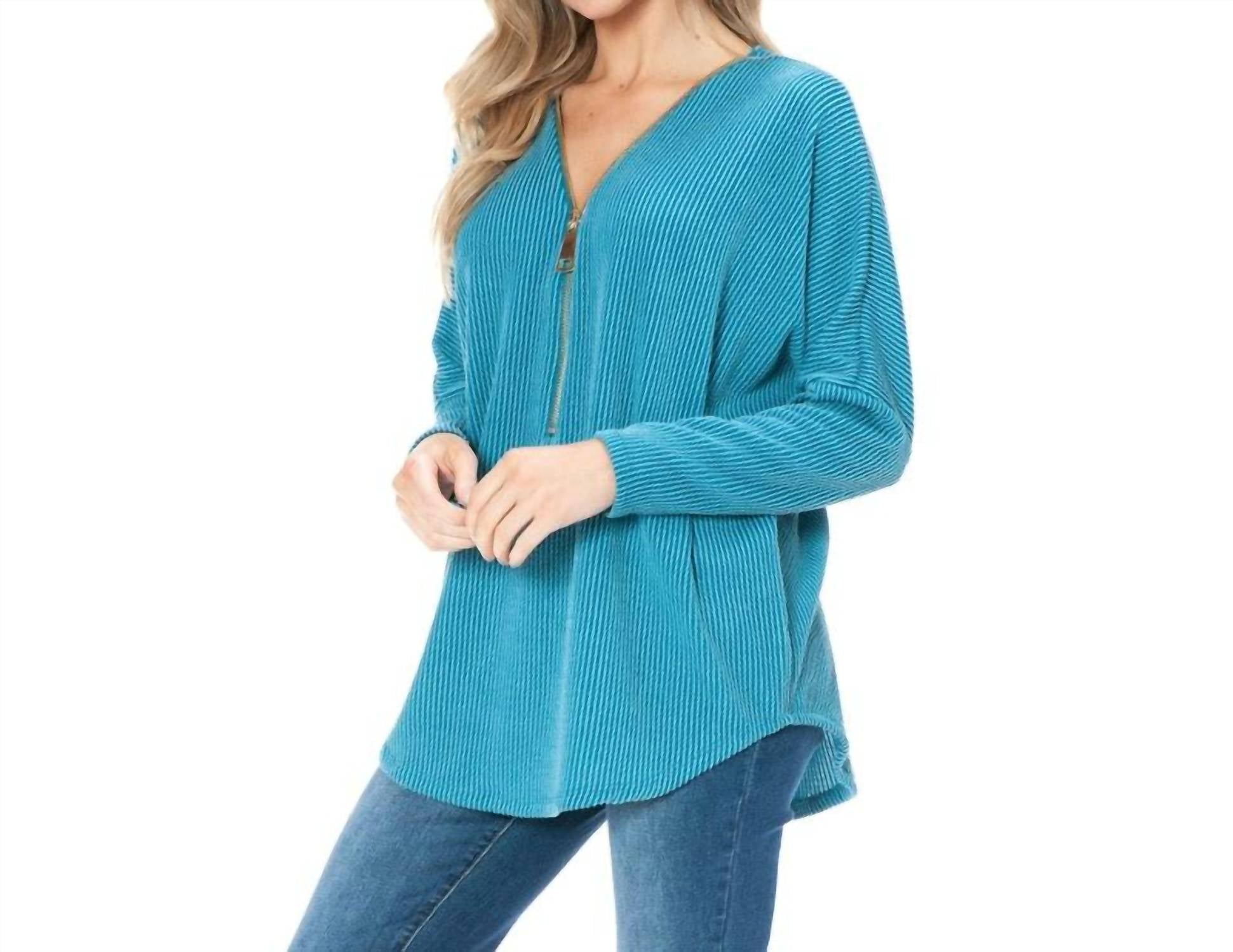 Dolman Sleeve Zipper Top In Turquoise