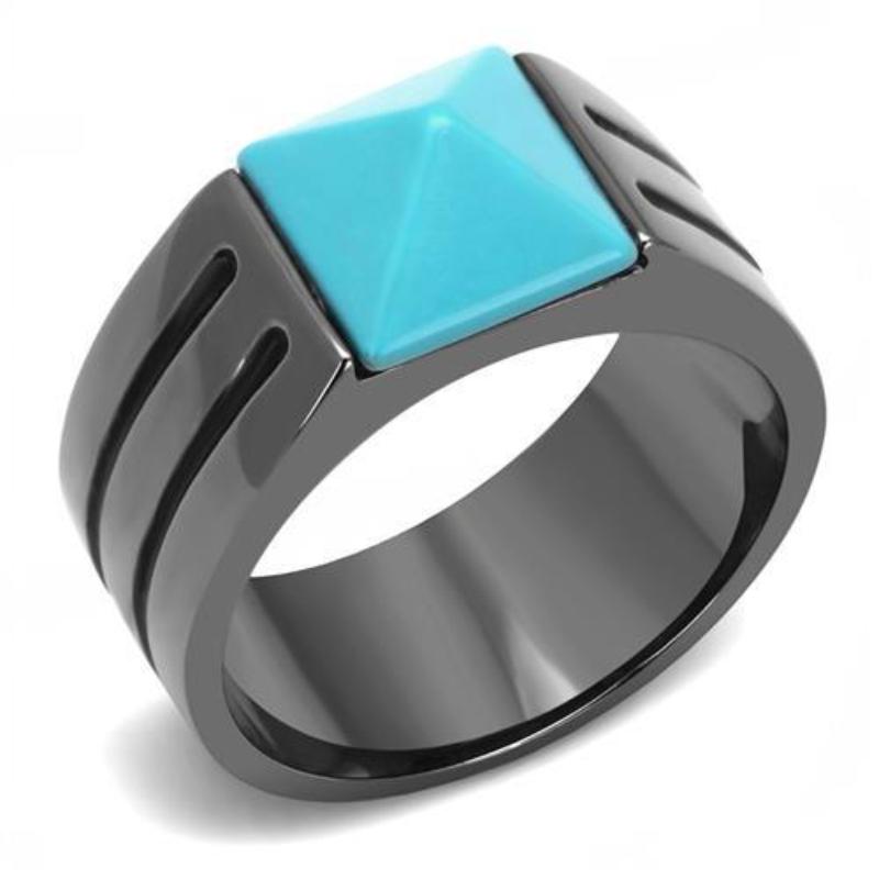 IP Light Black Stainless Steel Ring with Synthetic Turquoise in Sea Blue
