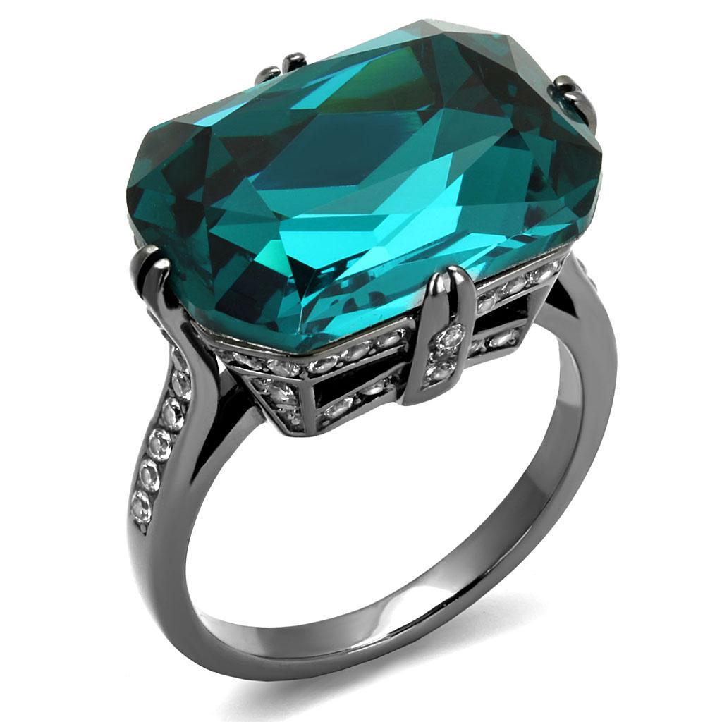 IP Light Black Stainless Steel Ring with Top Grade Crystal in Blue Zircon