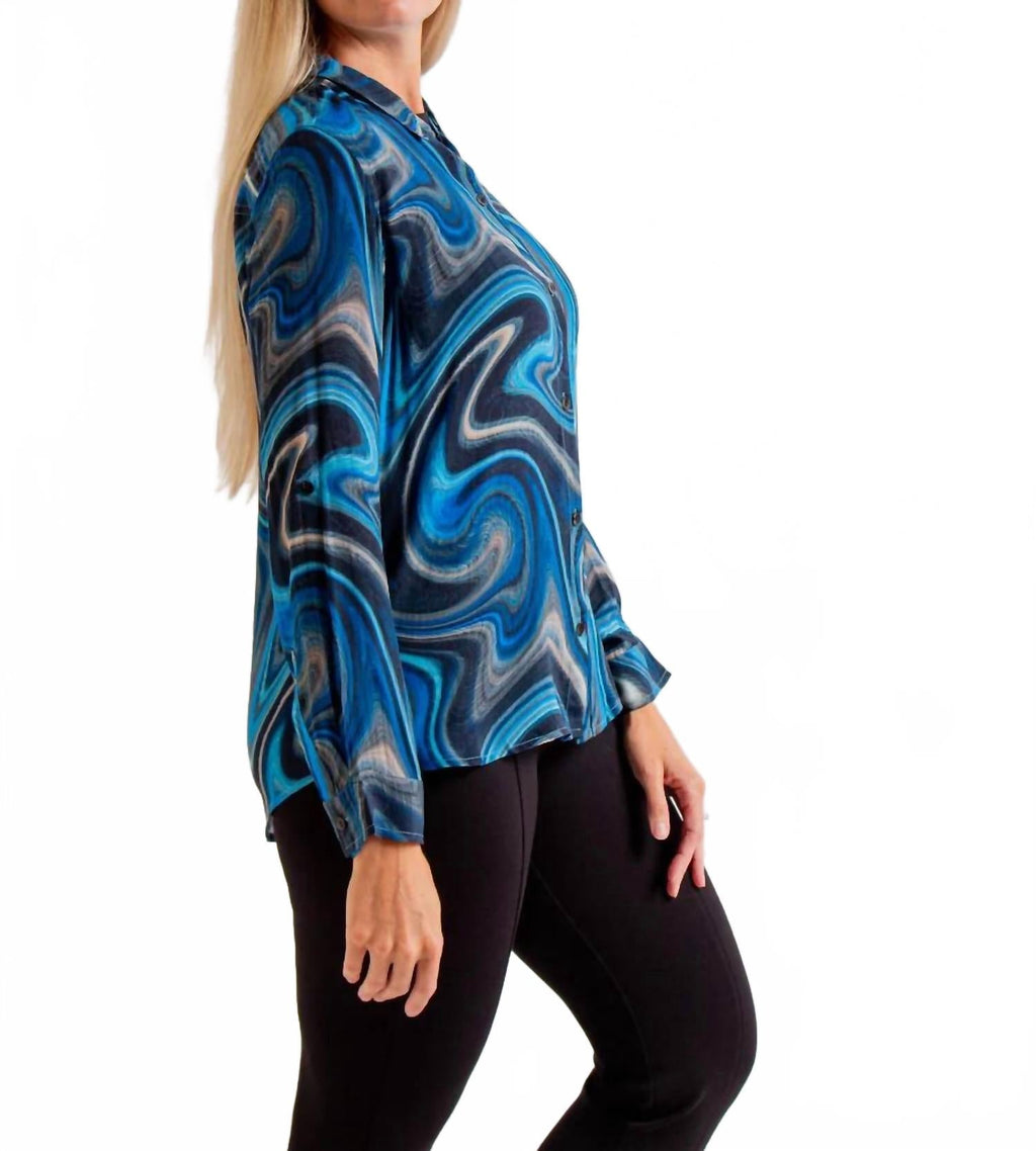 Button Up Roll Up Sleeve Top In Blue Multi