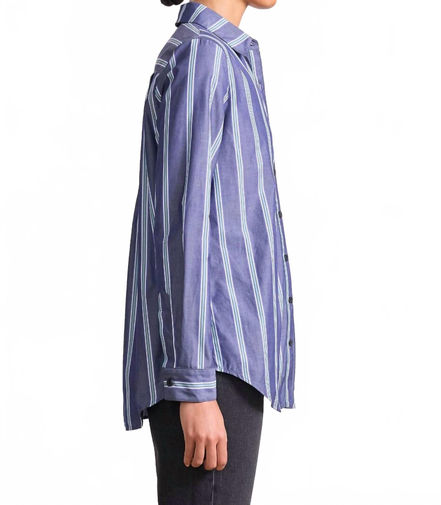 Sodi Wrap Button Up Top In Indigo Stripe