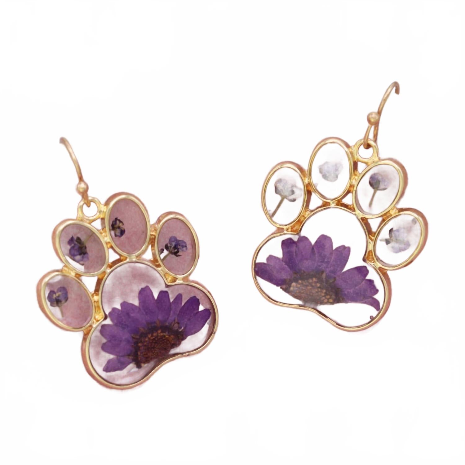 Women's Dried Flower Paw Print Dangle Earrings In Purple