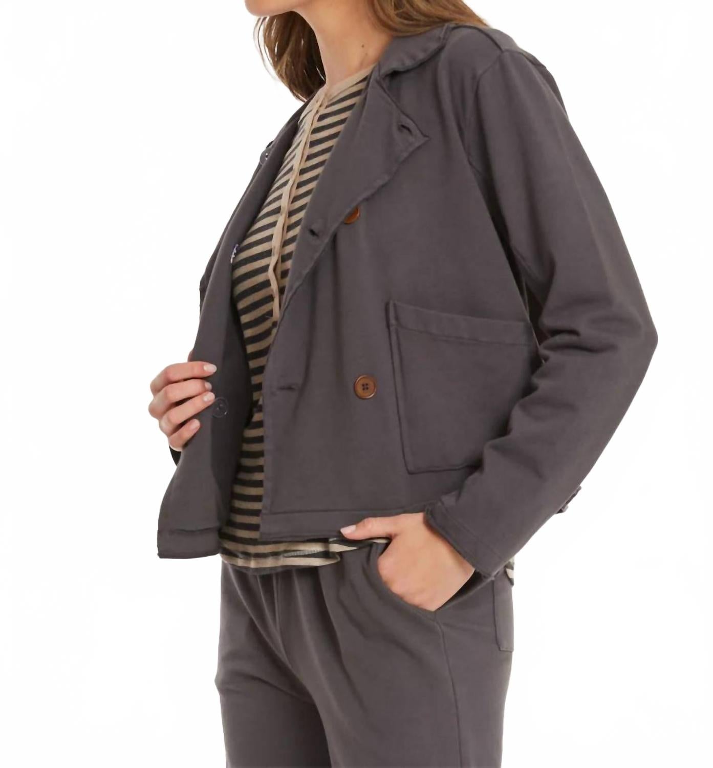 Double Breasted Crop Shacket In Washed Ebony