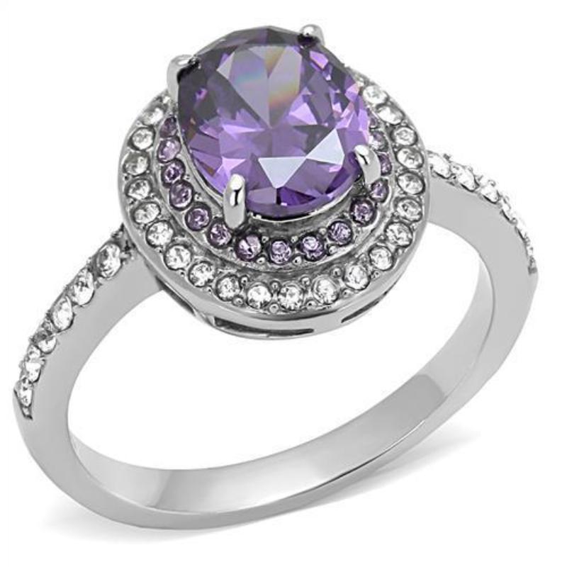 High polished (no plating) Stainless Steel Ring with AAA Grade CZ in Amethyst