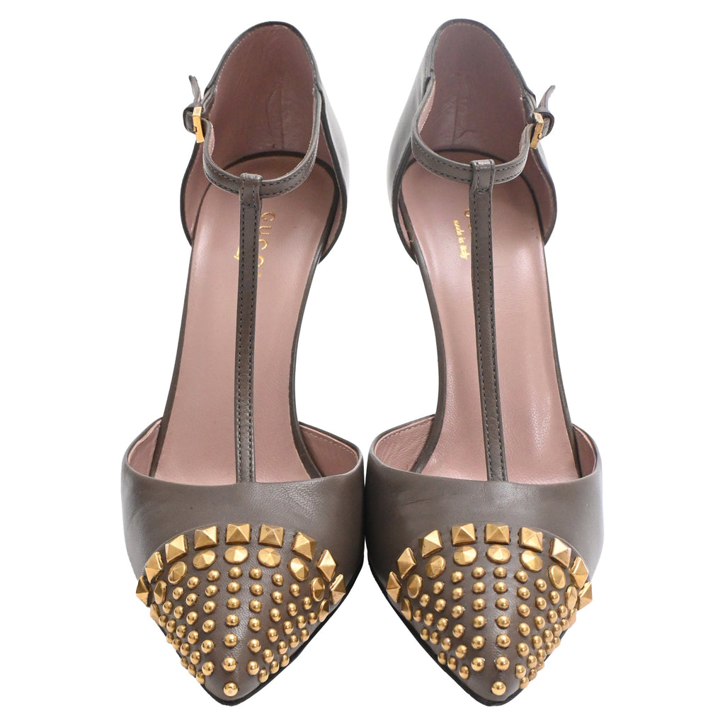 Gucci Studded Coline T-Strap Pumps in Brown Leather