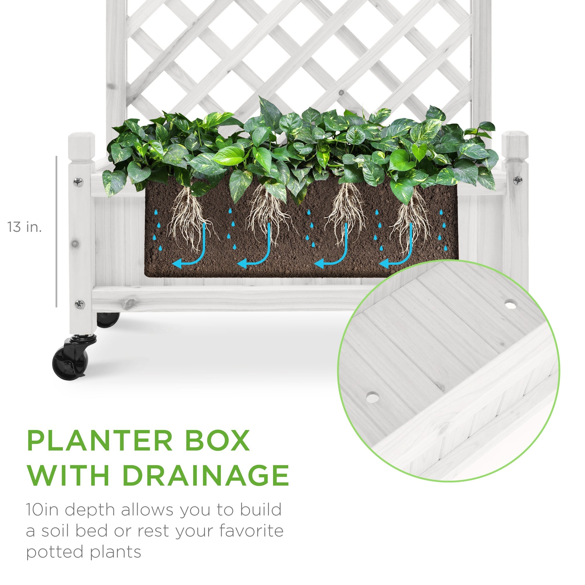 Best Choice Products Set of 2 48in Wood Planter Box & Diamond Lattice Trellis, w/ Drainage, Optional Wheels - White