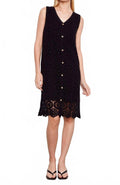 Fully Lined Crochet Sleeveless Buttoned Midi Dress In Black