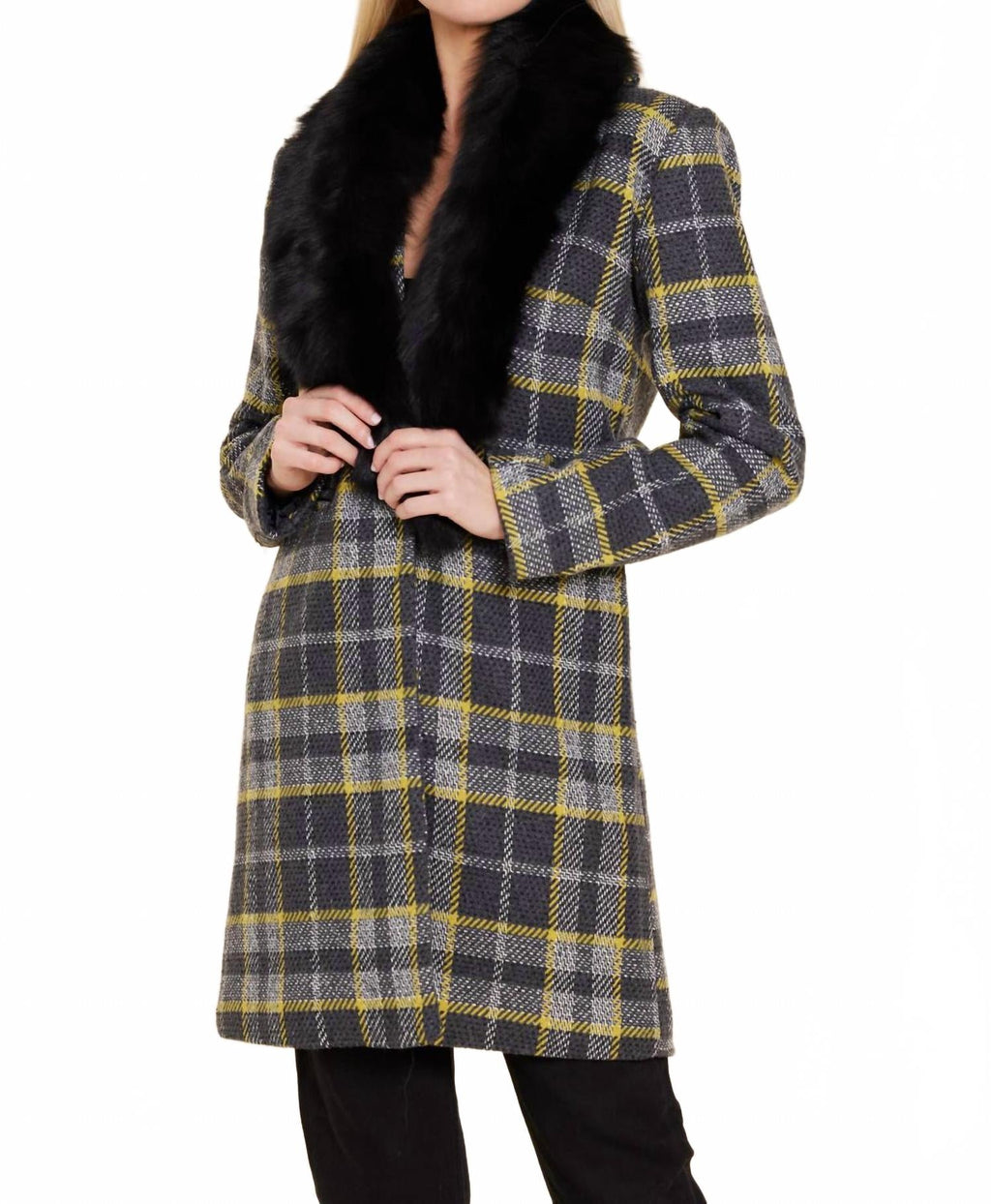 Long Plaid Coat With Detachable Fur Collar In Yellow/grey