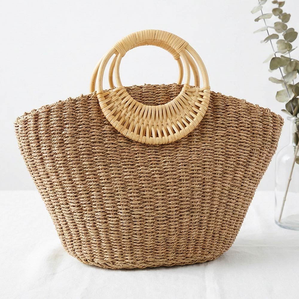 Structured Round Handle Raffia Woven Tote Handbag