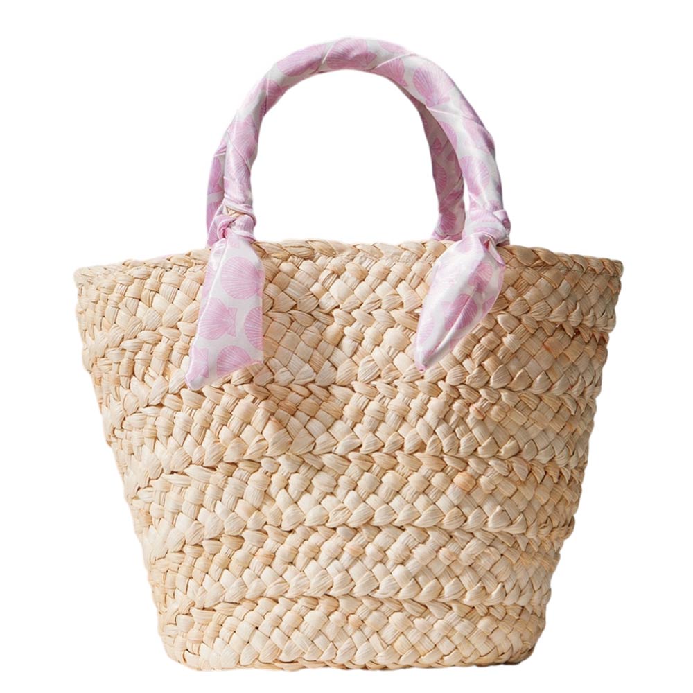 Shell Print Fabric Scarf Wrapped Handle Raffia Tote Bag