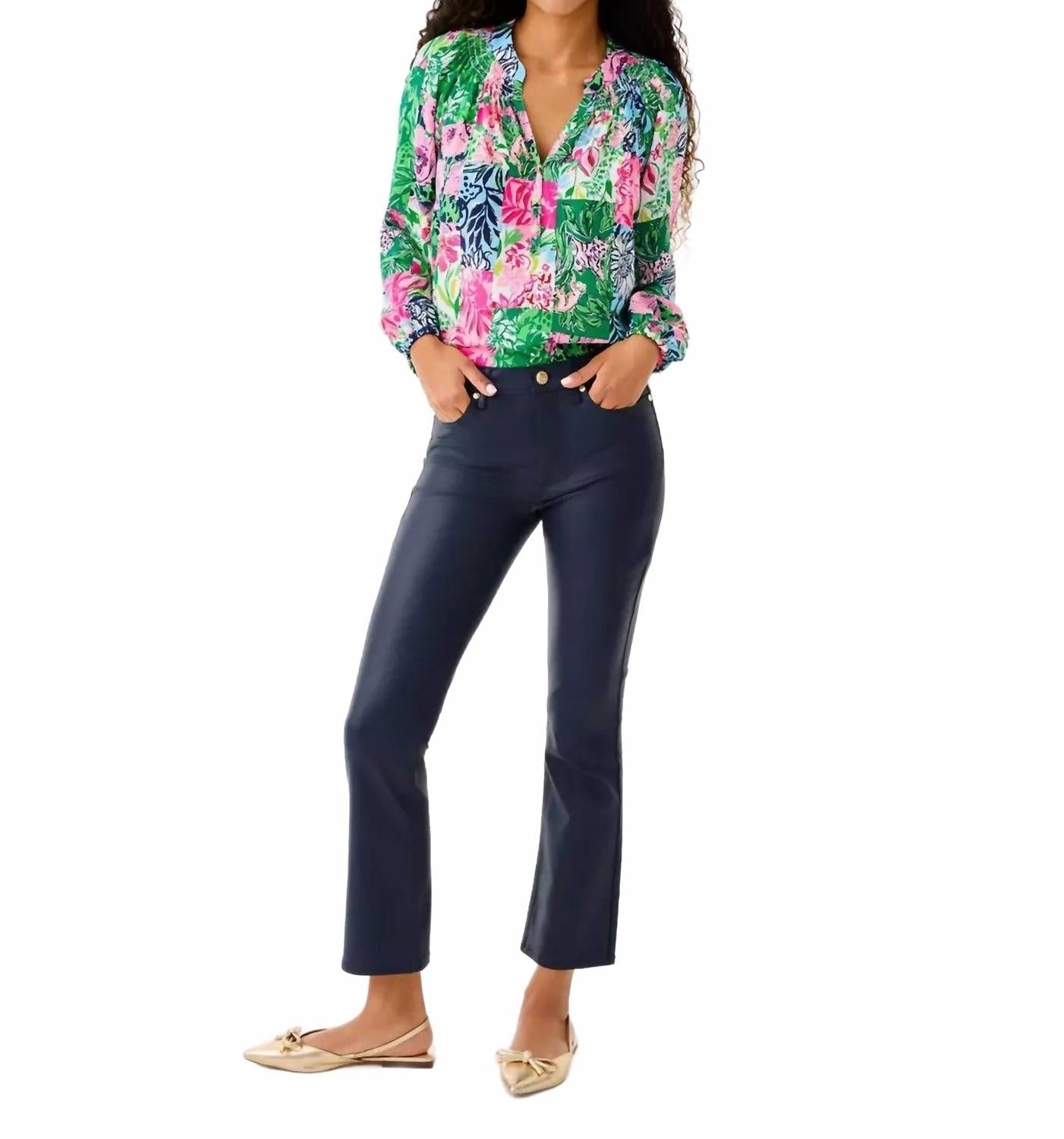 Liza Coated Crop Flare Pants In Low Tide Navy