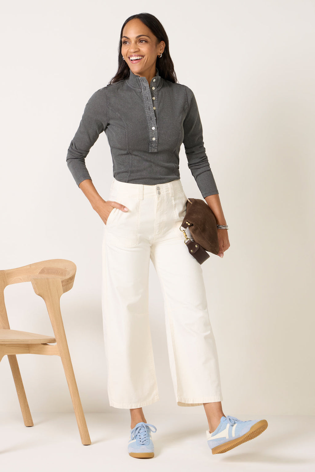 Women's Ash Ribbed Henley Top