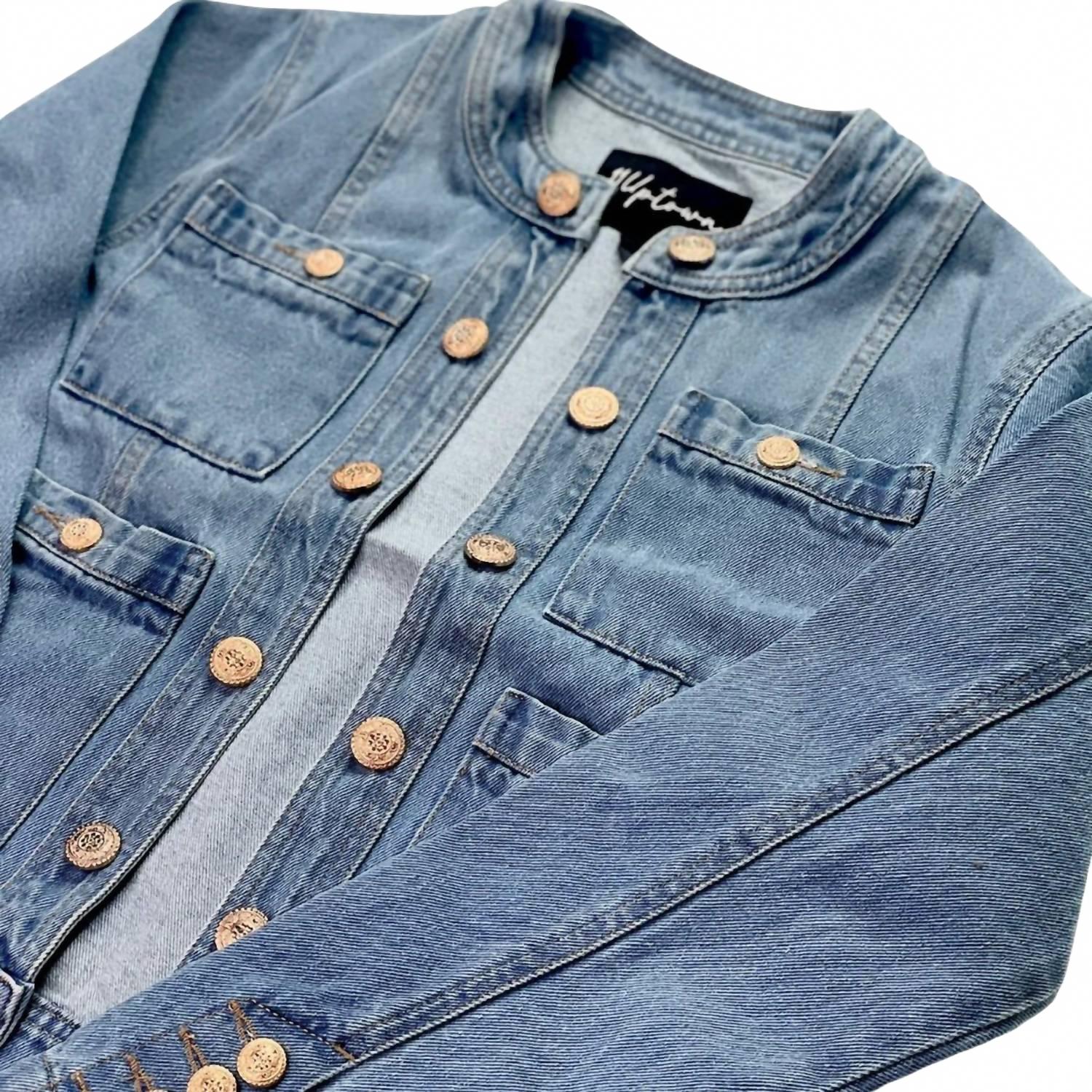 Collarless Denim Jacket In Light Indigo