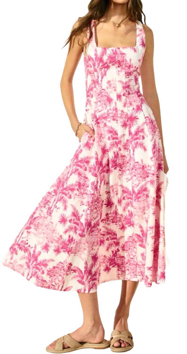 Laguna Palm Square Neck Paneled Dress In Hot Pink/white