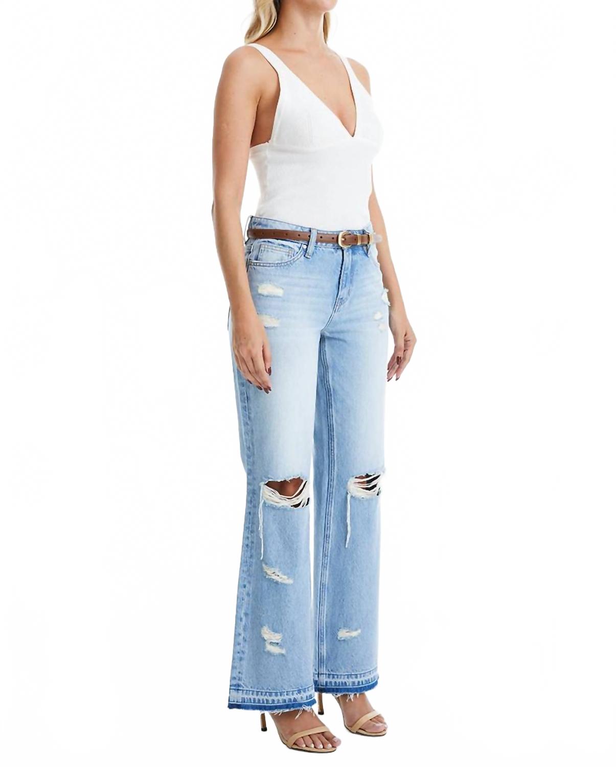 High Rise Distressed Bootcut Raw Hem Jeans In Azure