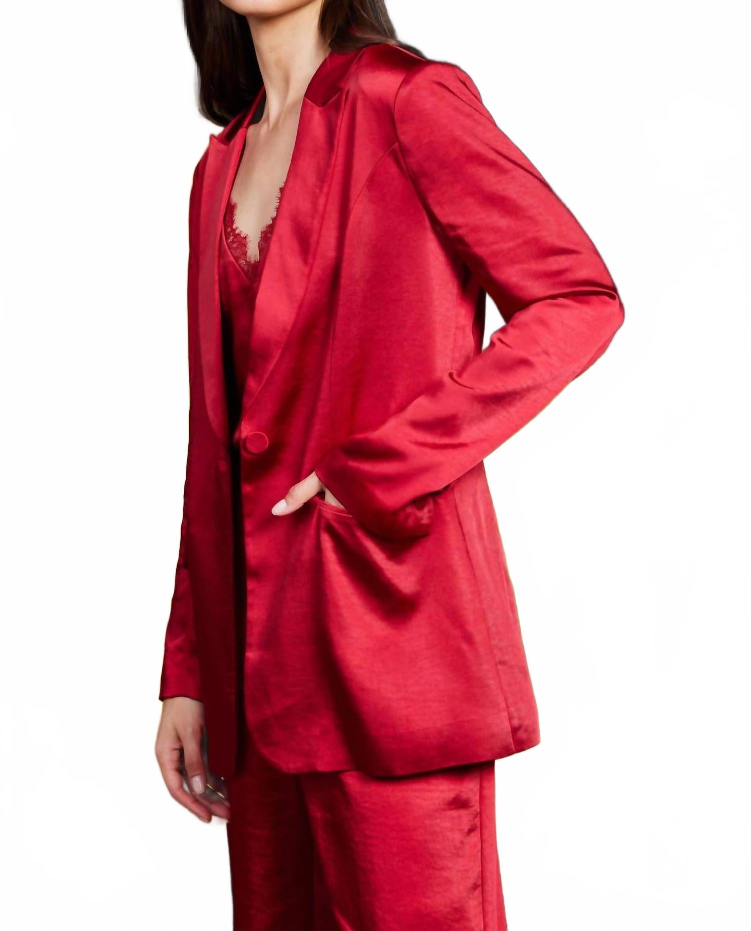 One Button Dull Satin Blazer In Red