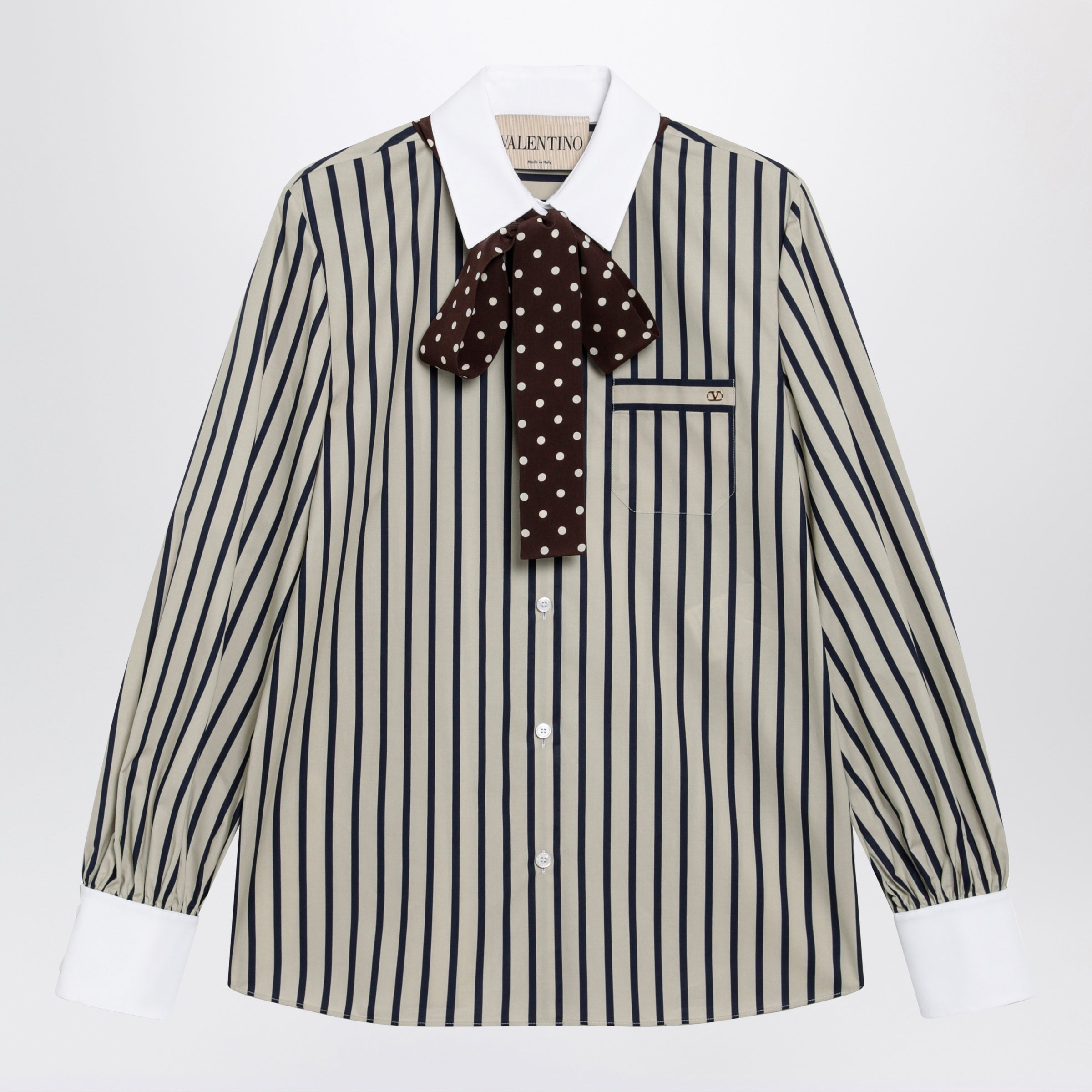 Valentino Striped Cotton Shirt With Scarf In Beige And Blue Women