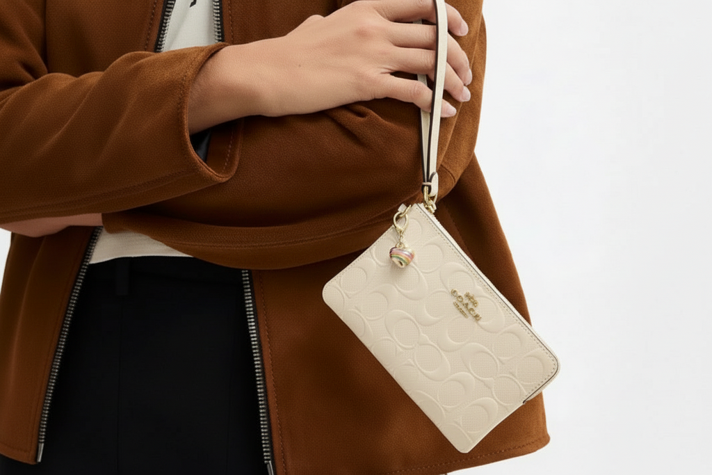 NWT Coach Corner Zip Wristlet In Signature Leather With Heart Charm In Gold/Ivory