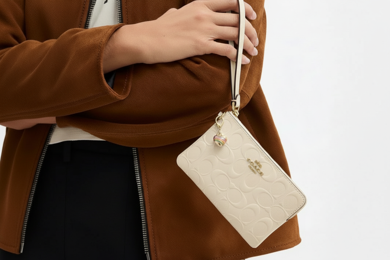 NWT Coach Corner Zip Wristlet In Signature Leather With Heart Charm In Gold/Ivory