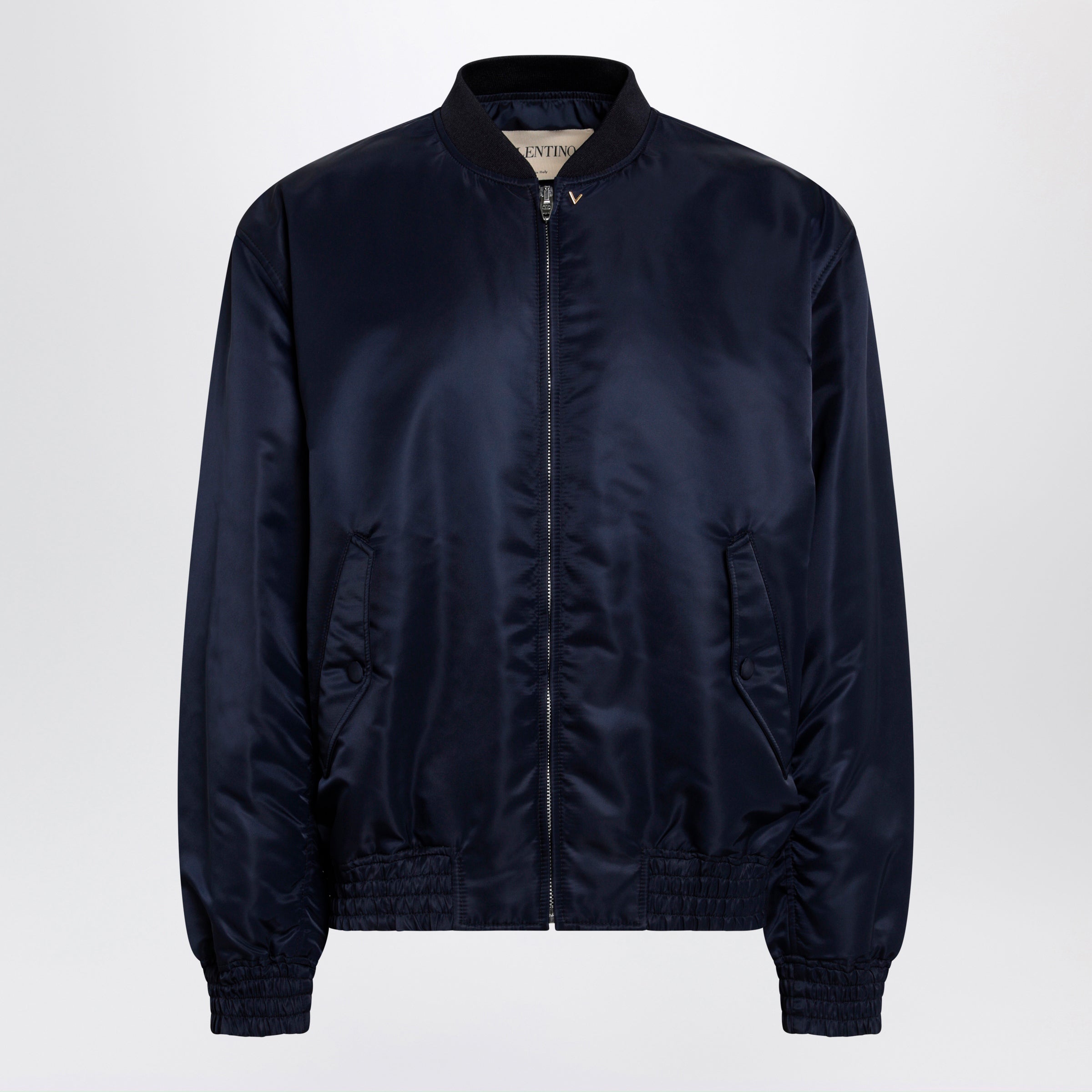 Valentino Shiny Navy Blue Zip-Up Bomber Jacket With Vlogo Men