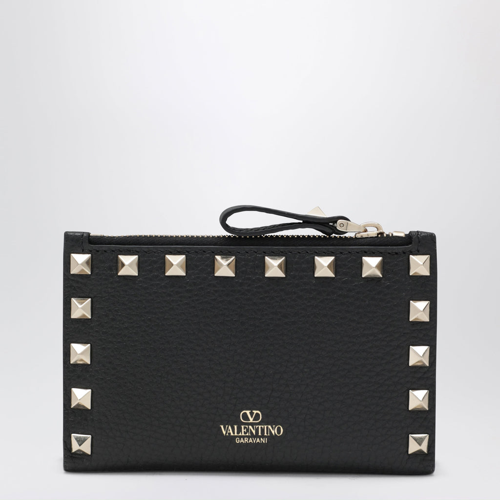 Valentino Garavani Black Leather Rockstud Zip Card Holder Women