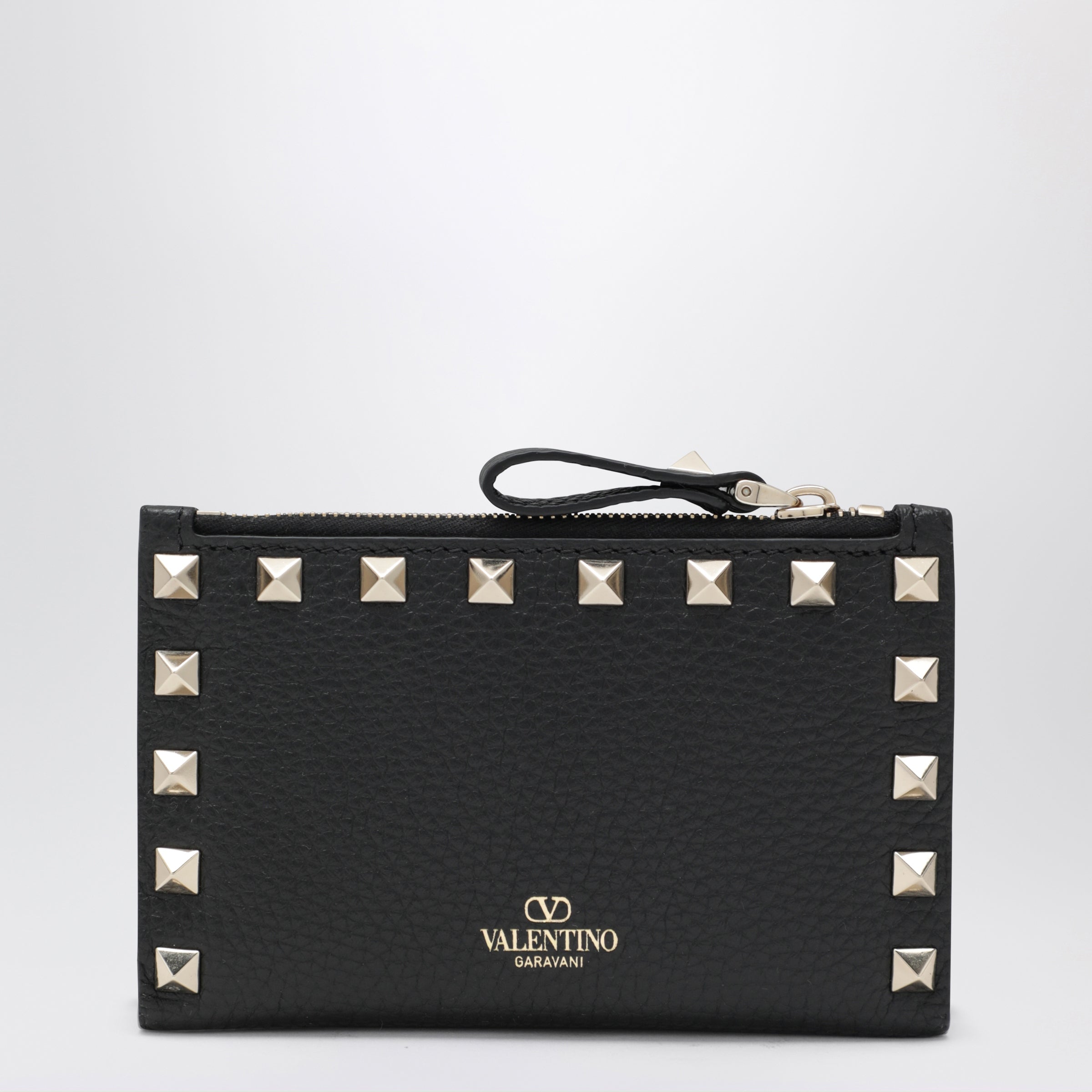 Valentino Garavani Black Leather Rockstud Zip Card Holder Women