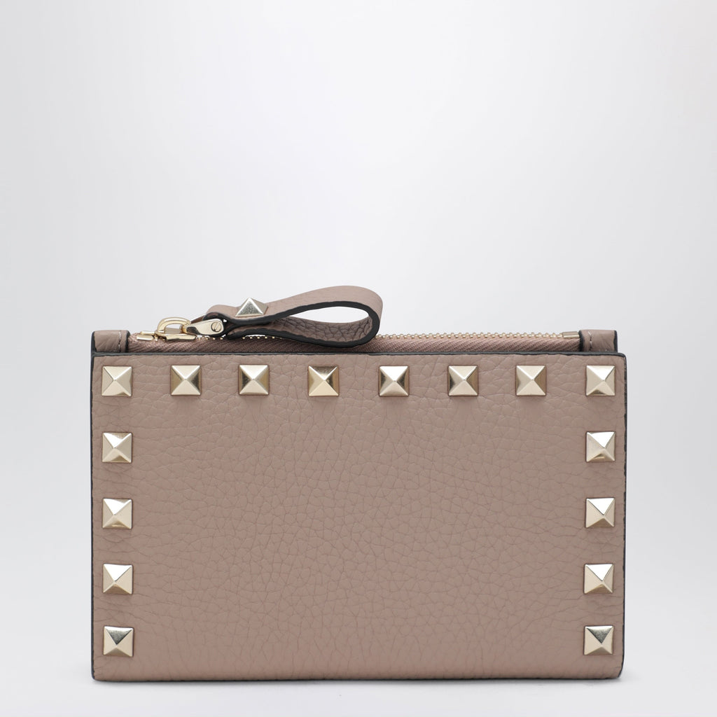 Valentino Garavani Powder Pink Leather Rockstud Zip Card Holder Women