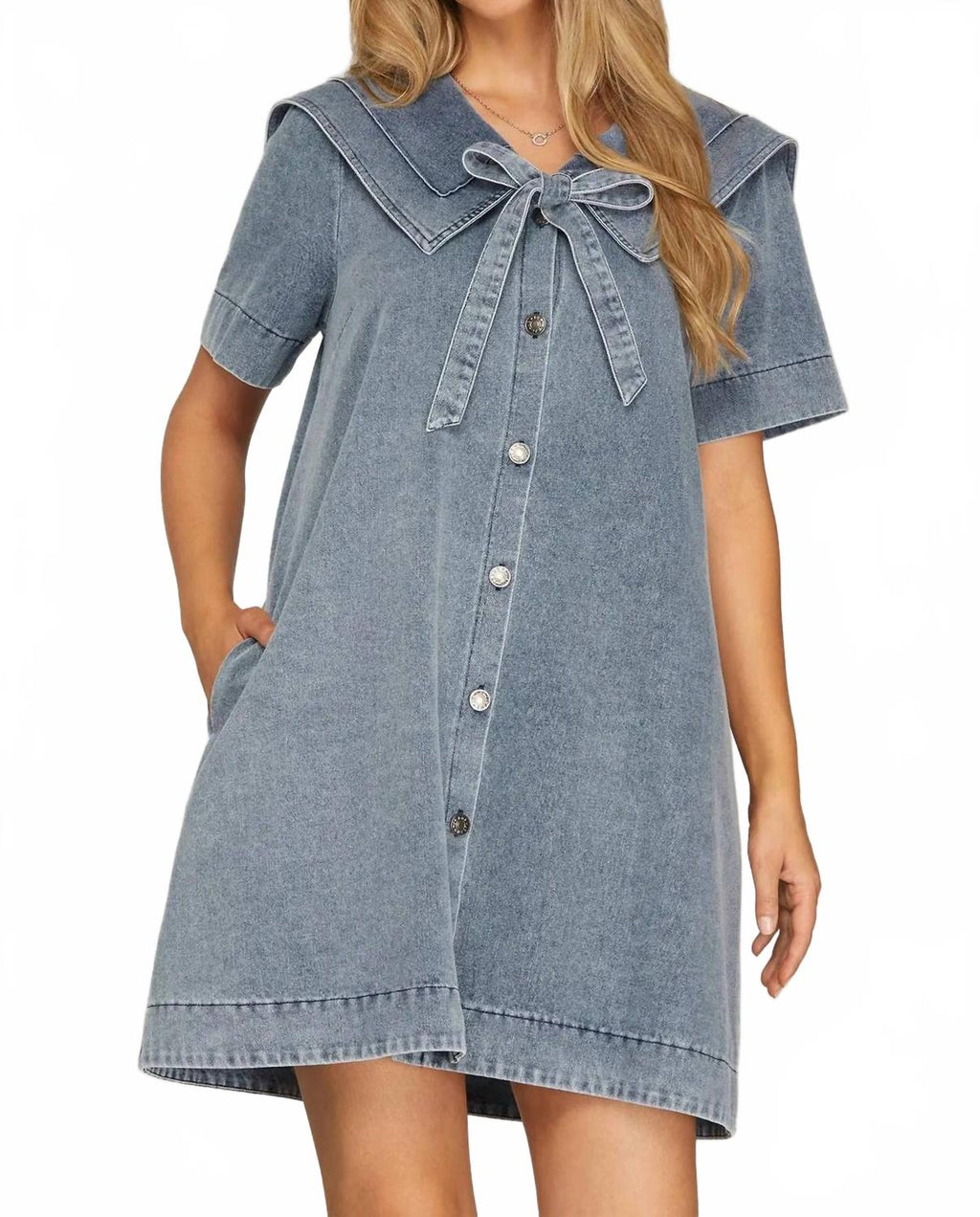 Front Bow Denim Mini Dress In Blue