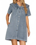 Front Bow Denim Mini Dress In Blue