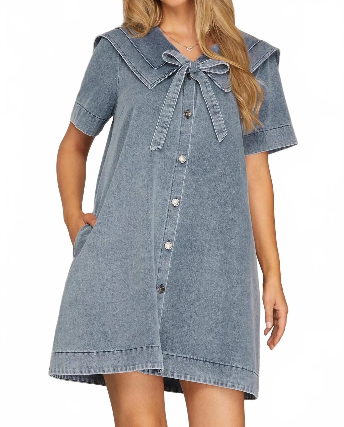 Front Bow Denim Mini Dress In Blue