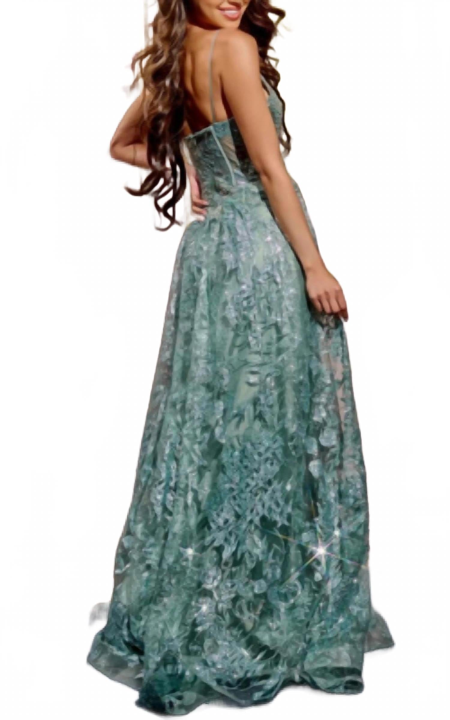 Spaghetti Strap A-Line Gown With Embellished Bodice In Sage