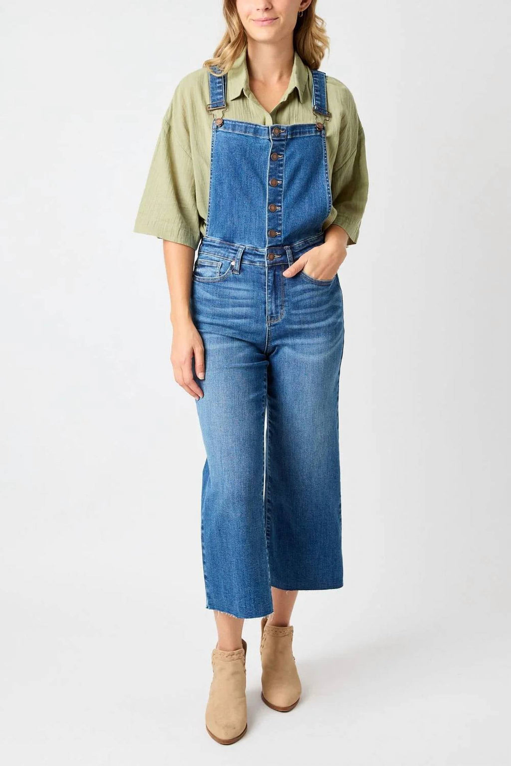High Waist Wide Leg Crop Overalls In Blue