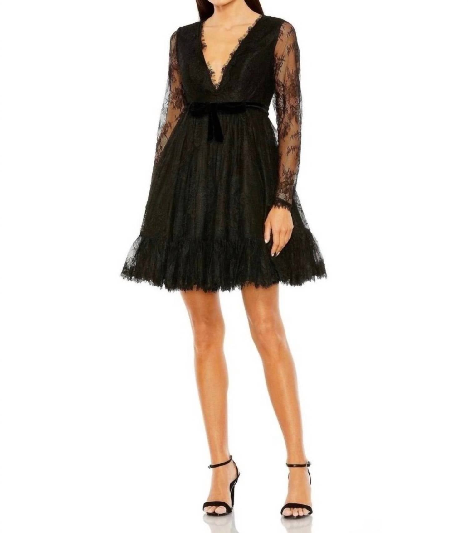 Lace Long Sleeve Mini Dress In Black